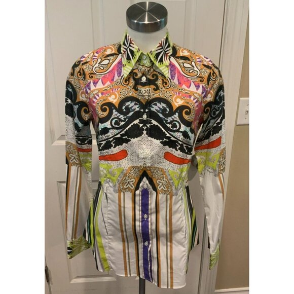 ETRO Multicolor Striped Paisley Button-Up Shirt, Size 10 (US) 44 (IT) - Picture 1 of 7